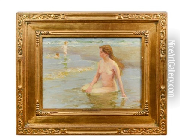 Lady Bather On The Shore With Children Frolicking Oil Painting - Edward Henry Potthast