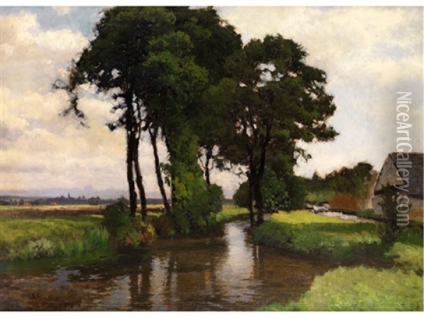 Sommerliche Flusslandschaft Mit Bauernhaus Oil Painting - Josef Schoyerer