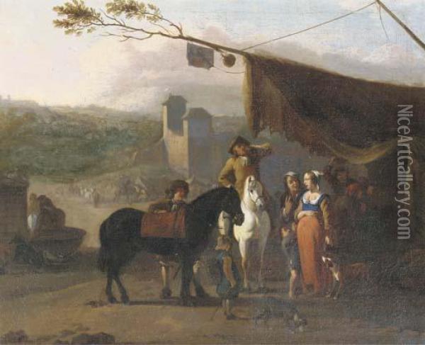 Travellers On Horseback Taking 
Refreshments At An Encampment Near Afortified Town, A Water-basin With 
Horses Drinking Nearby Oil Painting - Jan von Huchtenburgh
