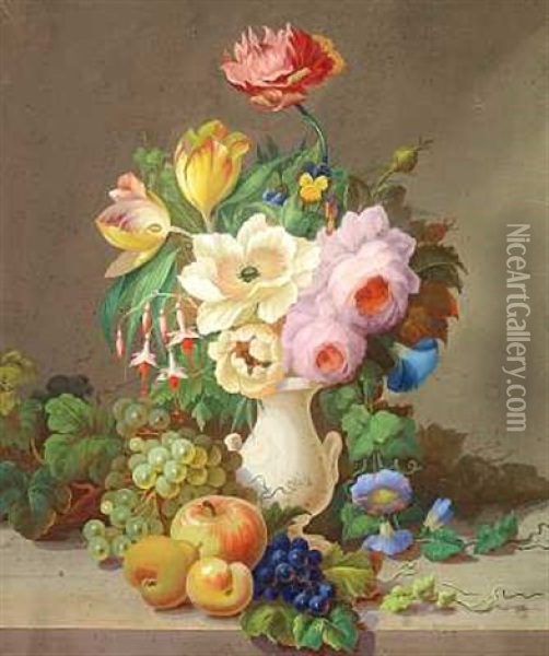 Sommerblomster I En Vase Pa En Karm, Hvorpa Frugter Oil Painting - Johan Christian Frederik Svanekiaer
