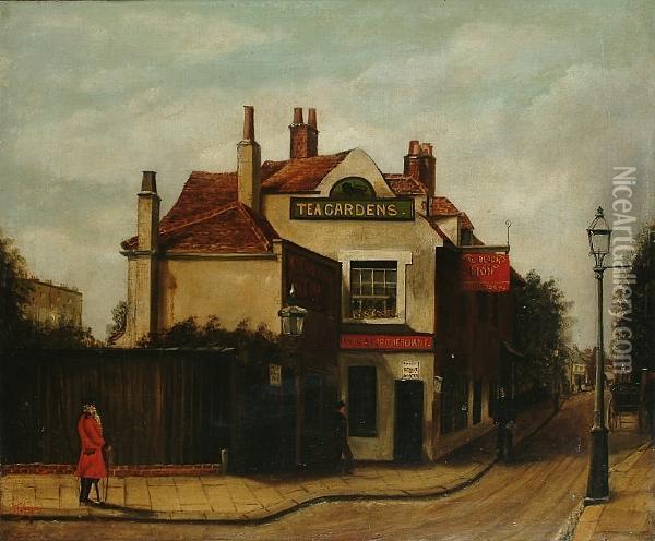 A Street Scene Thought To Be In Chelsea, Showing The Black Lion And A Chelsea Penionser Oil Painting - John Harden