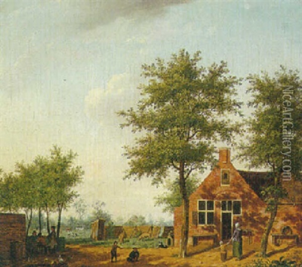A Landscape With Figures Relaxing In Front Of A Farmhouse Oil Painting - Isaac Ouwater