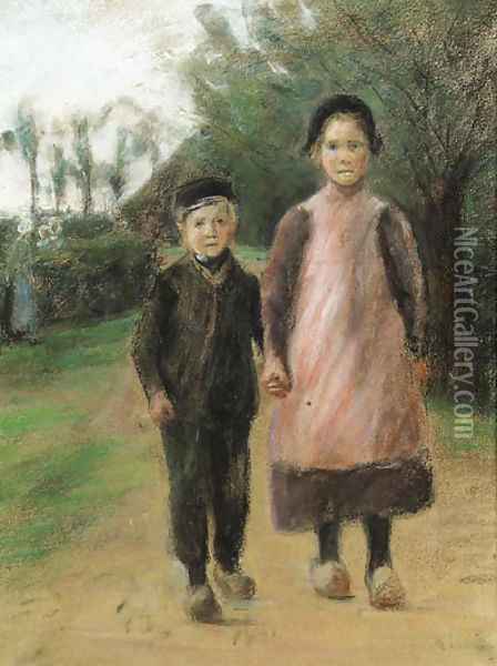 Junge und Madchen auf der Dorfstrasse Oil Painting - Max Liebermann