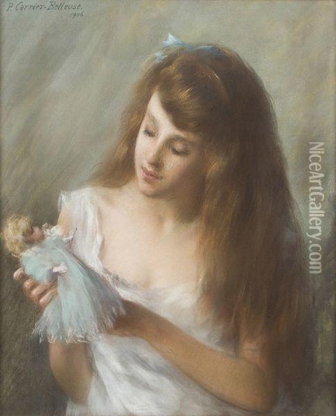Jeune Fille A La Poupee Oil Painting - Pierre Carrier-Belleuse