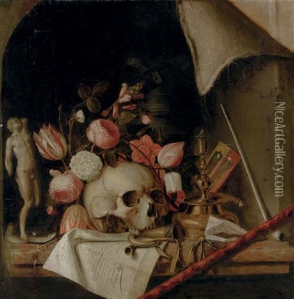 A Trompe-l'oeil Still Life, Vanitas Scene With A Skull Oil Painting - Franciscus Gysbrechts