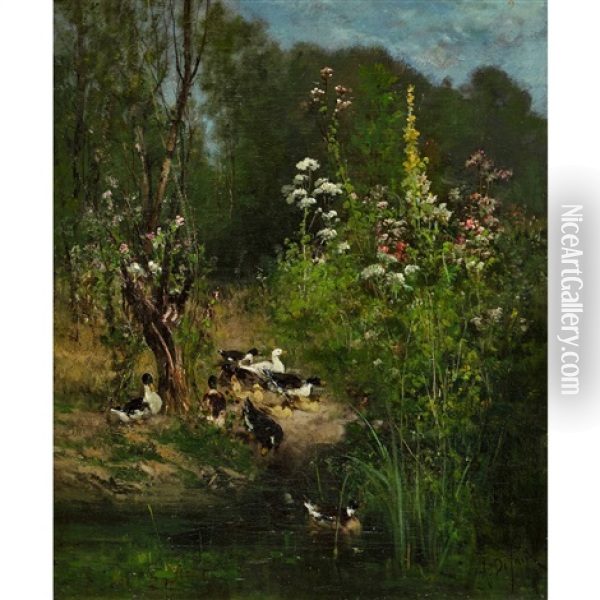 Enten Am Ufer Oil Painting - Alexandre Defaux