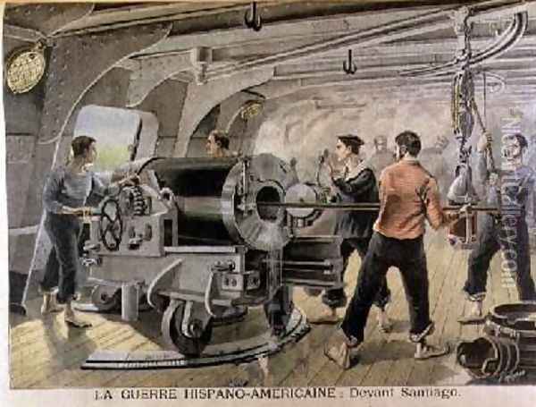 Manoeuvering of a Cannon by the Spanish Marines in front of Santiago Cuba illustration from Le Petit Journal June 1898 Oil Painting - Fortune Louis Meaulle