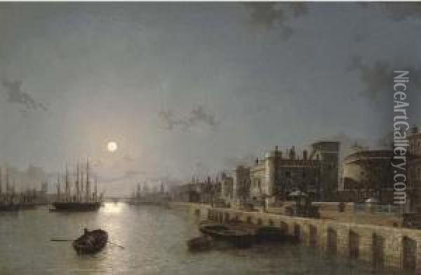 View Of The Thames By Moonlight Oil Painting - Henry Pether