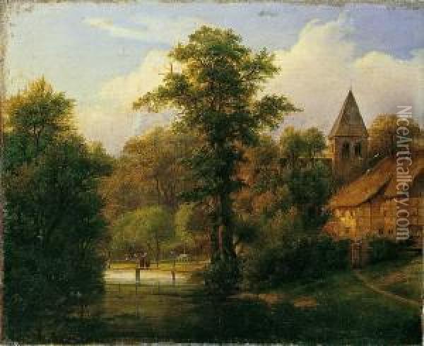 Parklandschaft Mit Bauernhaus Und Kirche. Oil Painting - Caspar Johann Nepomuk Scheuren
