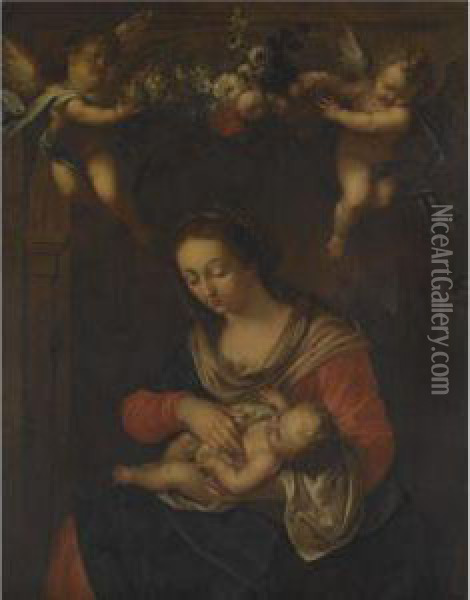 Madonna And Child With Putti Holding A Flower Garland Oil Painting - Jan Baptiste Wans