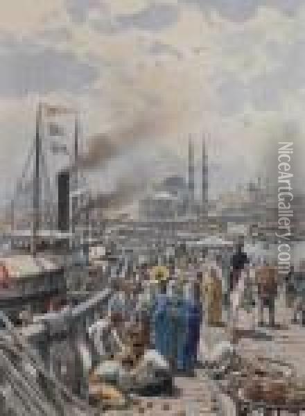 The Old Galatea Bridge Connecting Karakoy To Eminonu Over The Golden Horn, Istanbul Oil Painting - Themistocles Von Eckenbrecher