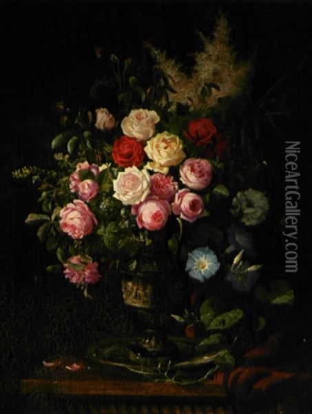 Forskjellige Roser Og Andre Blomster I En Vase Oil Painting - Olaf August Hermansen