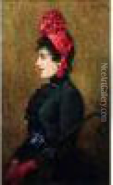 < L'elegante Au Chapeau Rouge >. Oil Painting - Bernard Hay
