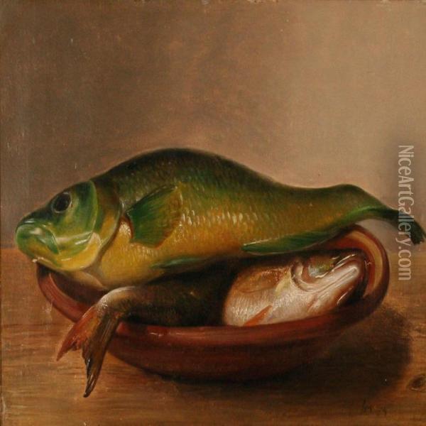 Two Cyprinids In A Bowl Oil Painting - I.L. Jensen