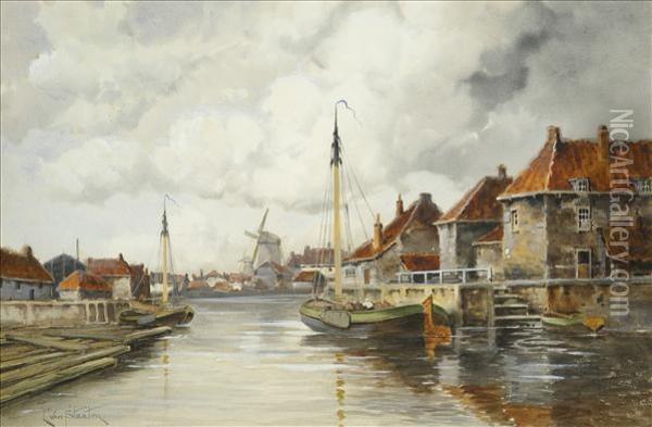 Dordrecht,with Sailing Barge Oil Painting - Hermanus Jr. Koekkoek