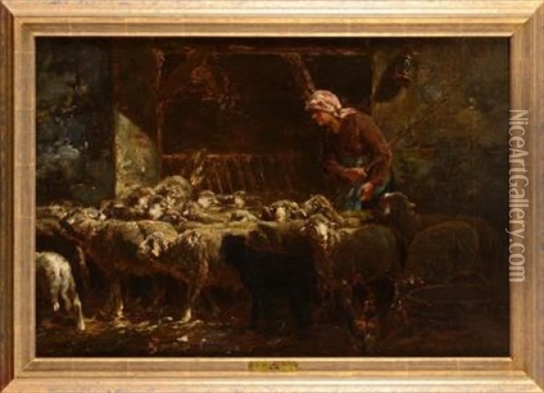 Bergere Et Ses Moutons Oil Painting - Charles Emile Jacque