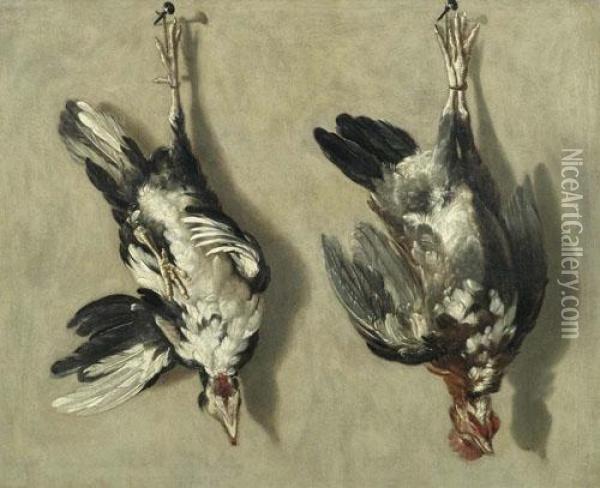 Trompe L'oeil Mit Zwei Huhnern. Oil Painting - Jacobus Biltius