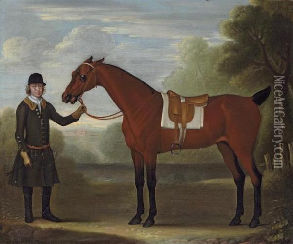 A Groom Holding A Saddled Bay Hunter In A Park, A Country Housebeyond Oil Painting - James Seymour