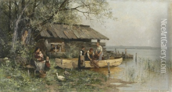 Uferlandschaft Mit Boot Und Fischerfamilie Oil Painting - Karl Adam Heinisch
