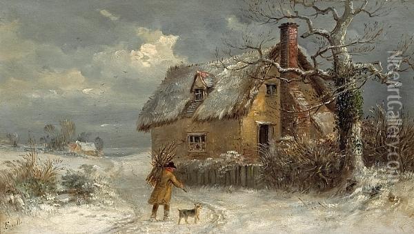 A Winter Scene With A Figure 
Carrying Firewood To A Cottage; Also A Companion Winter Landscape (a 
Pair) Oil Painting - Thomas Smythe