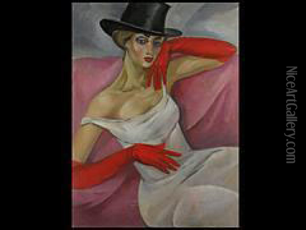 Dame Mit Zylinder Und Roten Handschuhen Oil Painting - Boris Dimitrevich Grigoriev
