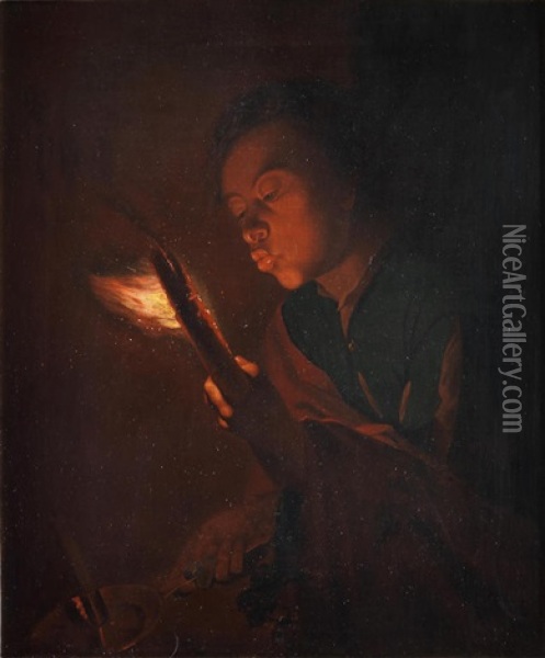 A Boy Blowing Out A Candle Oil Painting - Godfried Schalcken