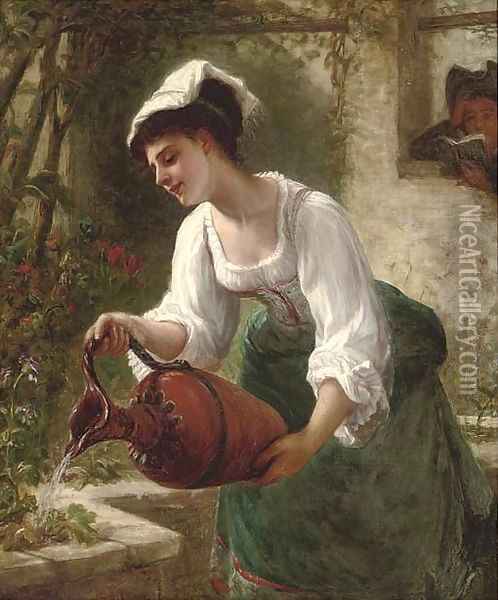 Watering the summer blooms Oil Painting - Bernardo Amiconi