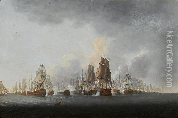Lord Rodney's Flagship 'formidable' Breaking Through The French Line At The Battle Of The Saintes, 12th. April 1782 Oil Painting - William Lieut. Elliott