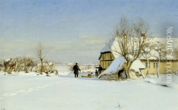 Vinterlandskab Med En Bondegard, Der Vises Vej Oil Painting - Hans Andersen Brendekilde