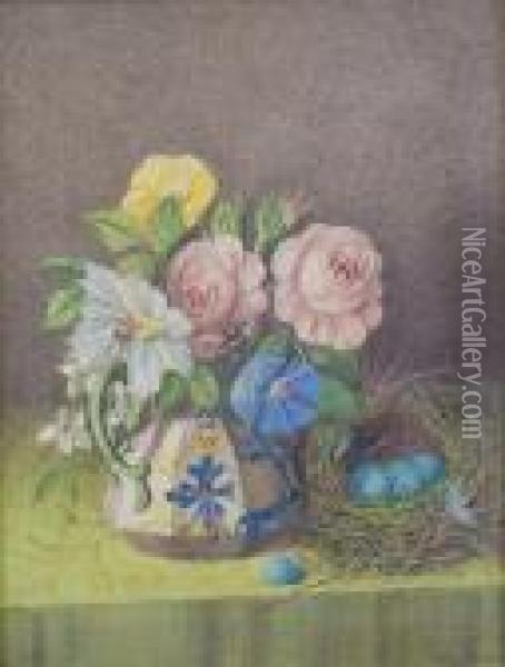Still Life Of Convolvulus, 
Magnolia, Meconopsis And A Birds-nest, With A Bee Gathering Pollen Oil Painting - William Cruickshank