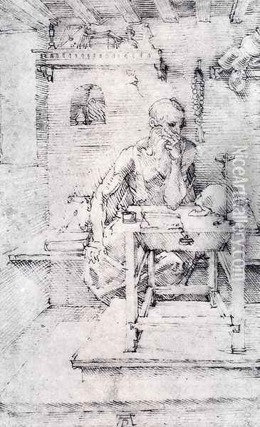 St. Jerome In His Study (Without Cardinal's Robes) (or Contemplating A Skull) Oil Painting - Albrecht Durer