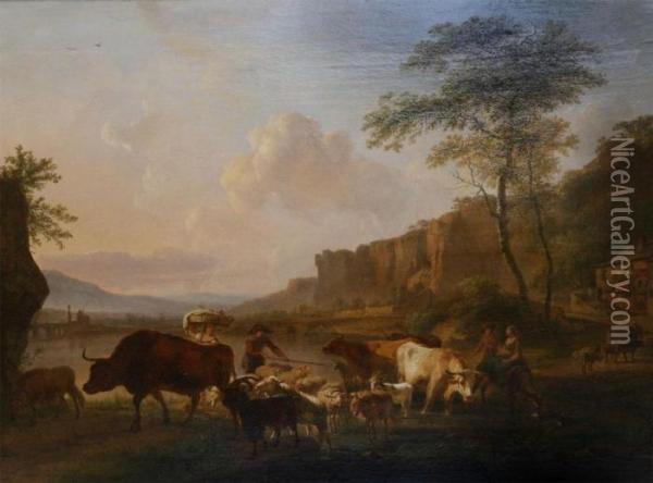 Mediterranean Landscape With Cattleherds Oil Painting - Balthasar Paul Ommeganck