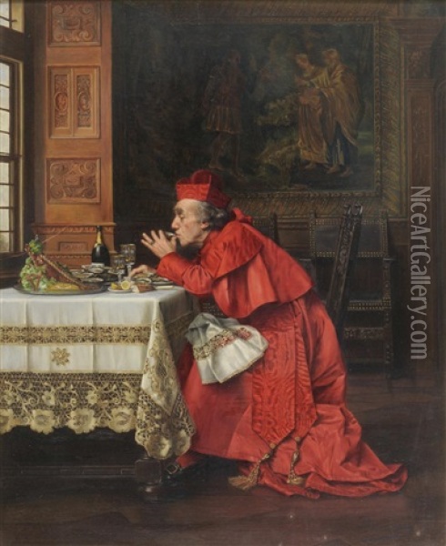 Interior Scene With A Cardinal Eating Oysters And Drinking Champagne Oil Painting - Francois Brunery