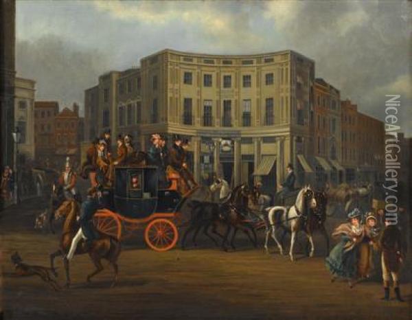 The Brighton-london Royal Mail Coach Passing Regent Circus Oil Painting - James Pollard