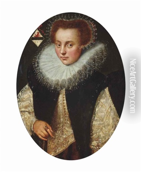Portrait Of A Lady, Half-length, In A White And Gold Dress, With A Ruff And Lace Cap Oil Painting - Gortzius Geldorp
