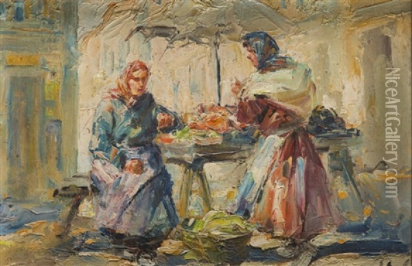 Two Vendors Oil Painting - Erno Erb