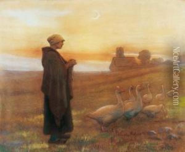 Gardeuse D'oie Au Soleil Couchant. 1899 Oil Painting - Aime Perret