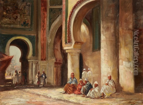 Personnages Assis Dans La Mosque Ibn Tulun, Au Fond La Mosquee Muhamed Ali Oil Painting - Narcisse Berchere