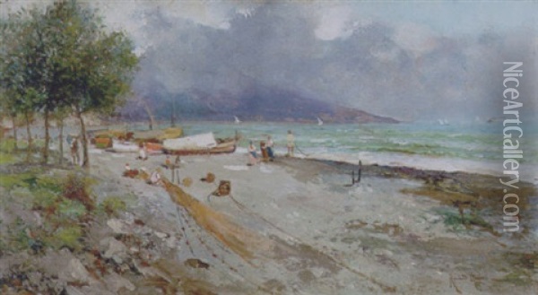 Majori, Spiaggia Con Pescatori Oil Painting - Oscar Ricciardi