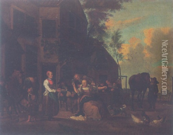 Figures Resting Before An Inn Oil Painting - Gerrit Lundens