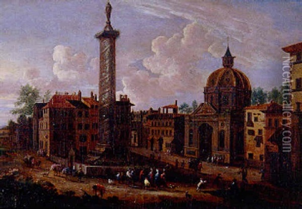Vue De Fantaisie De La Ville De Rome Avec La Colonne Trajanne Oil Painting - Pieter Bout