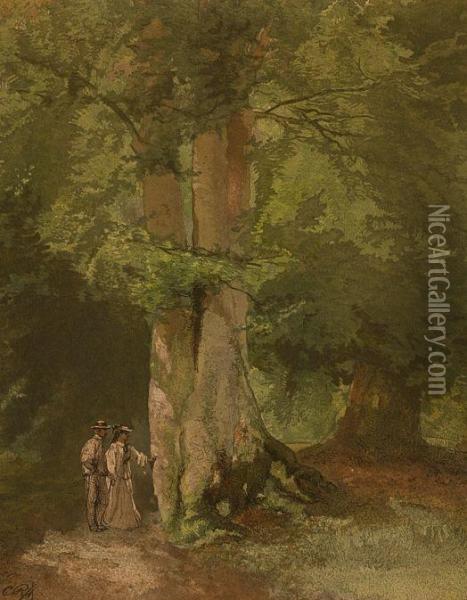 Man And Woman On Wood Path Oil Painting - Charles Rochussen