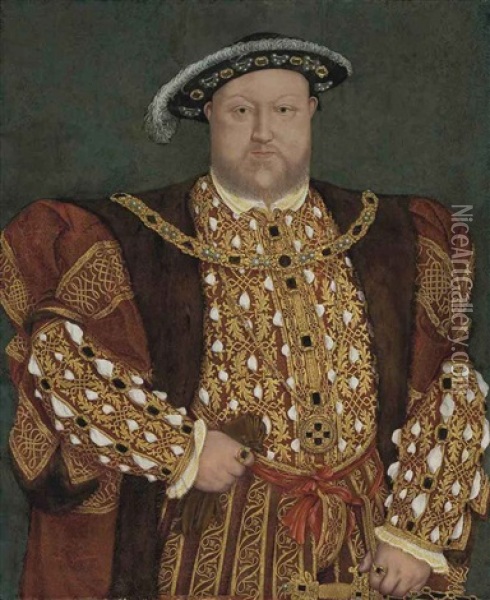 Portrait Of King Henry Viii In A Fur-lined, Gold-brocade Cloak And Doublet Oil Painting - Hans Holbein the Younger