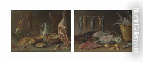 Pancakes On A Pewter Platter And In A Pan, A Vessel With Batter, A Joint Of...: Plaice In A Collander, Gurnard, A Lobster And A Bucket Of Fish...(pair) Oil Painting - Jan van Kessel the Elder