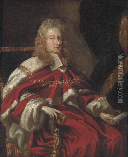 Portrait Of George Jeffreys, 1st
 Baron Jeffreys Of Wem (1648-1689),small Seated Three-quarter Length, In
 Robes Oil Painting - Johann Closterman