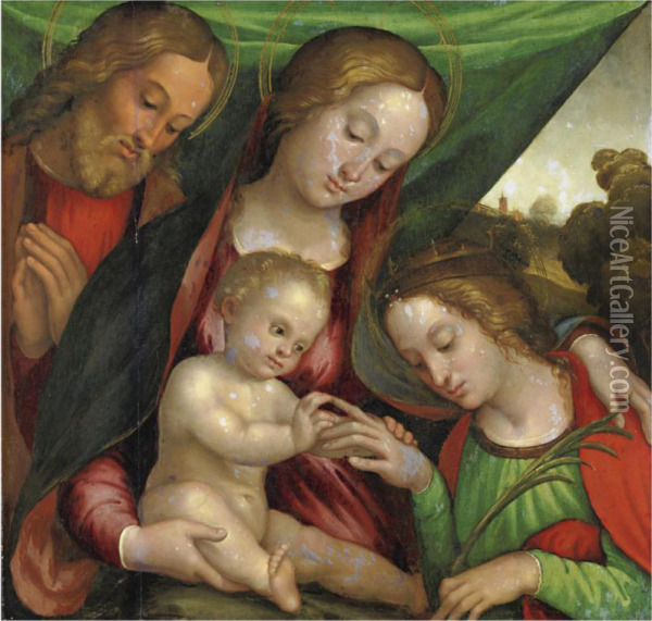 Sacra Famiglia Con Matrimonio Mistico Di Santa Caterina Oil Painting - Girolamo Marchesi da Cotignola