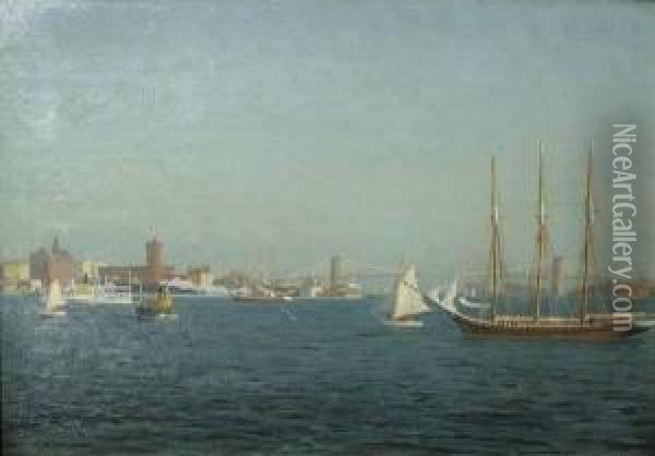 Brooklyn Bridge With Ships In The River Oil Painting - Otto (Henry) Bacher