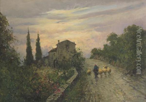 Ritorno Dal Pascolo All'imbrunire Oil Painting - Giuseppe Buscaglione
