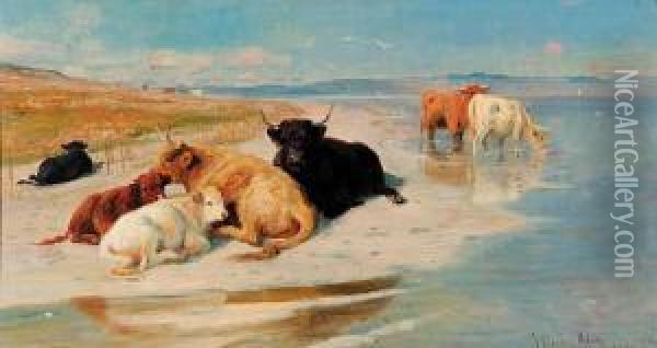 Highland Cattle By An Estuary Oil Painting - Joseph Denovan Adam