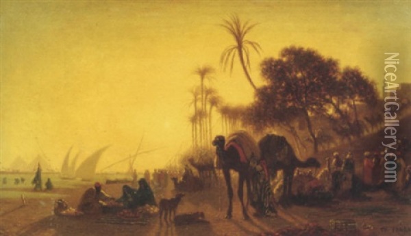 L'arrivee De La Caravane A Gizeh Oil Painting - Charles Theodore (Frere Bey) Frere